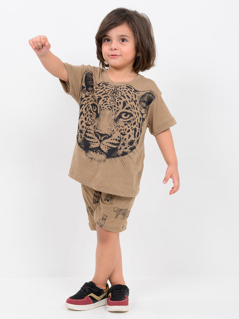Oversized Tiger Themed Cotton Short Set (Beige)